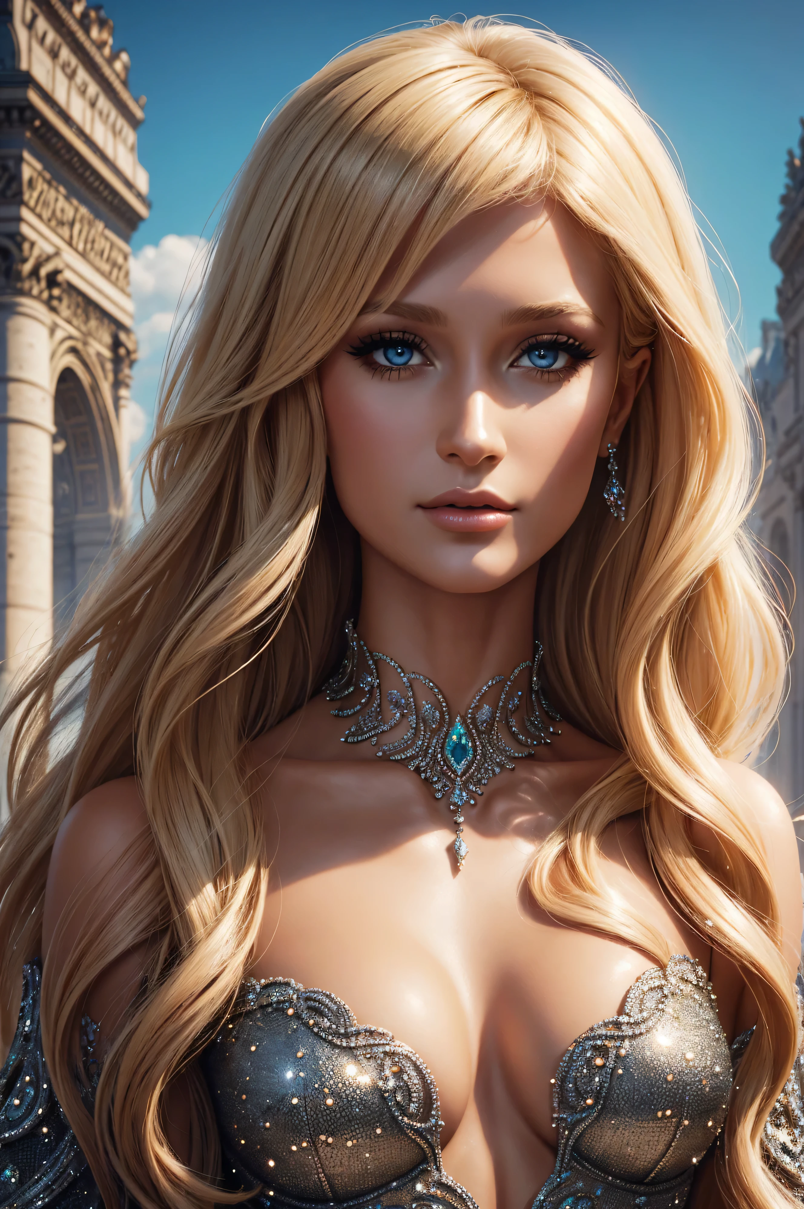 portrait Paris Hilton, wearing Dalmatian fur costume, against the background of the Arc de Triomphe in Paris, character portrait, 3 9 9 0 s, wavy hair, intricate, elegant, highly detailed, digital painting, artstation, concept art, smooth, sharp focus, illustration, art by wlop, charlie bowater and alexandra fomina, 36k, glittering, shining, correct anatomy