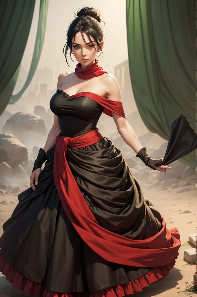 fullbody view, female, green eyes, black hair tied to a bun, strapless full dress, red scarf around her neck, flowy arm sleeves, silk gloves, a fabric is wrapped around her waist