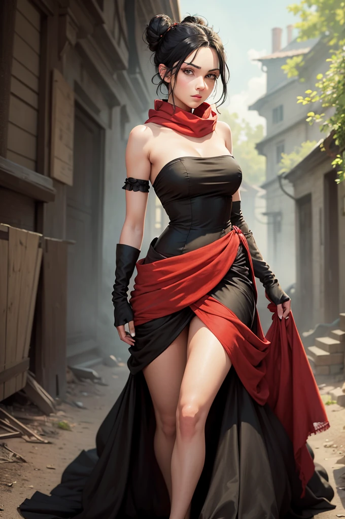 fullbody view, female, green eyes, black hair tied to a bun, strapless full dress, red scarf around her neck, flowy arm sleeves, silk gloves, a fabric is wrapped around her waist