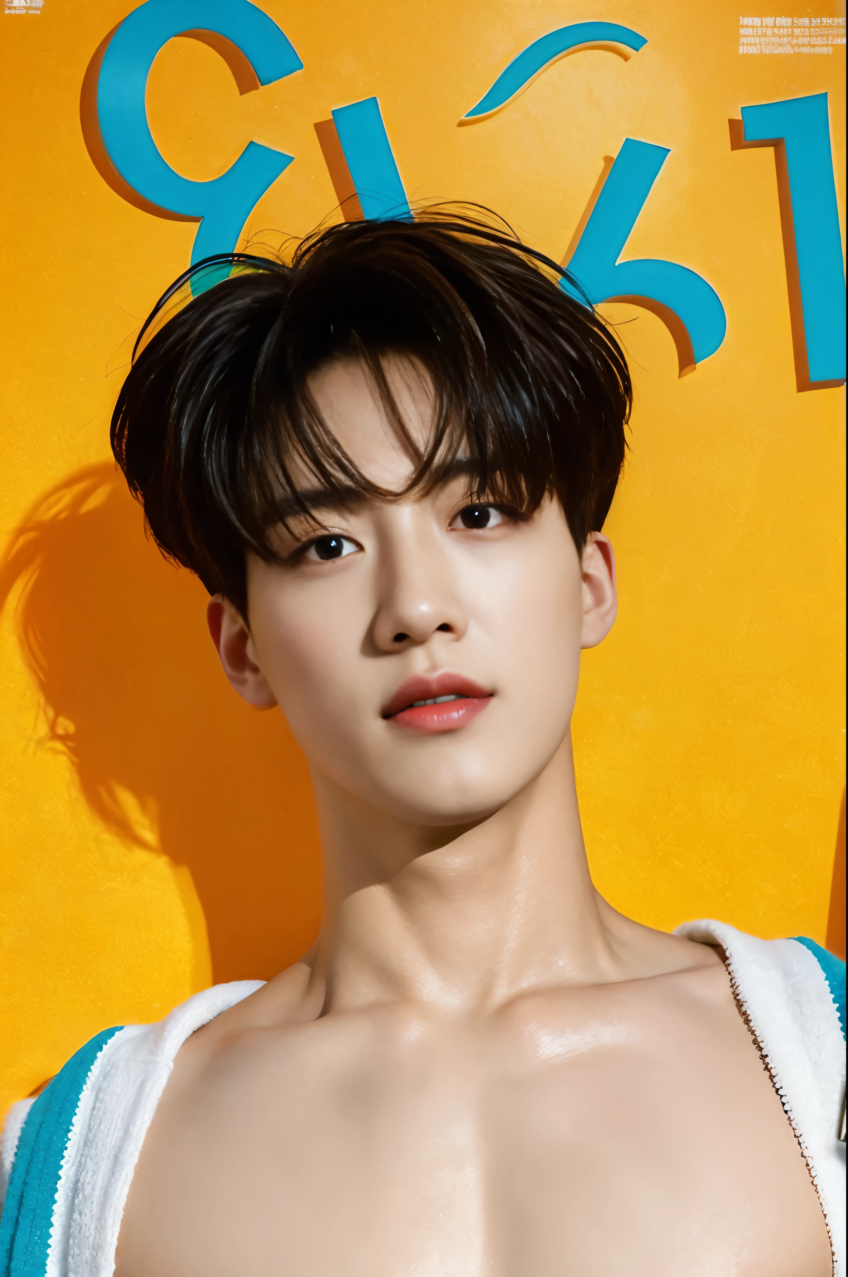 Bright background and backdrop,magazine photo,eyes looking center,for ads,Handsome korean male,abs shirtless,half body protrait,Center-parted hairstyle,angle tilted to the side,focus on face,straight head.