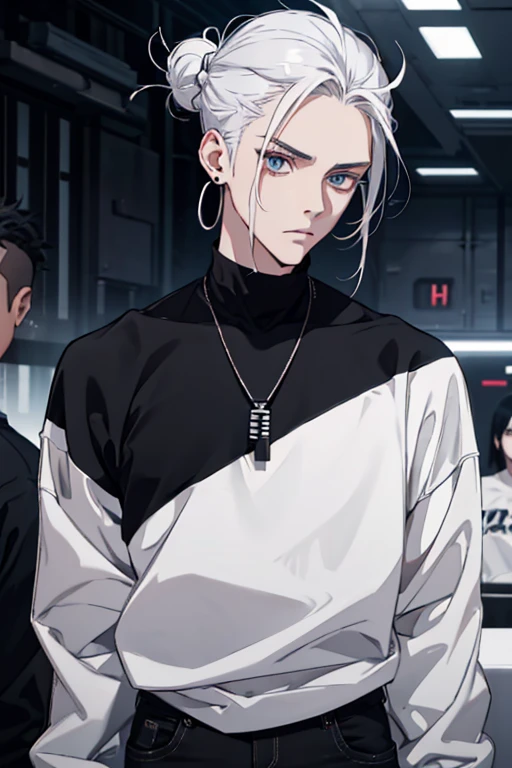Anime man gradient young white hair low on shaved sides turns hair bun to the left side in the middle serious face with black earrings black sweatshirt Speed jeans futuristic clothes black dark circles under his eyes big black hair big brown hair extremely futuristic clothes futuristic clothes futuristic sweatshirt black skinny jeans male