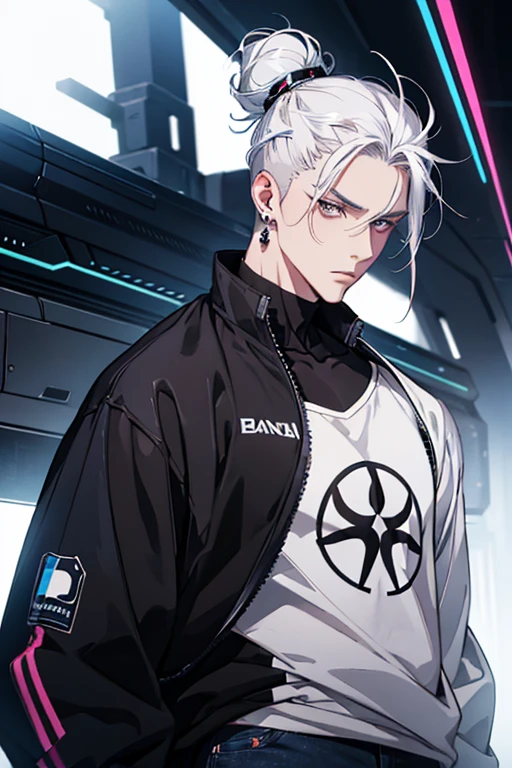 Anime man gradient young white hair low on shaved sides turns hair bun to the left side in the middle serious face with black earrings black sweatshirt Speed jeans futuristic clothes black dark circles under his eyes big black hair big brown hair extremely futuristic clothes futuristic clothes futuristic sweatshirt black skinny jeans male