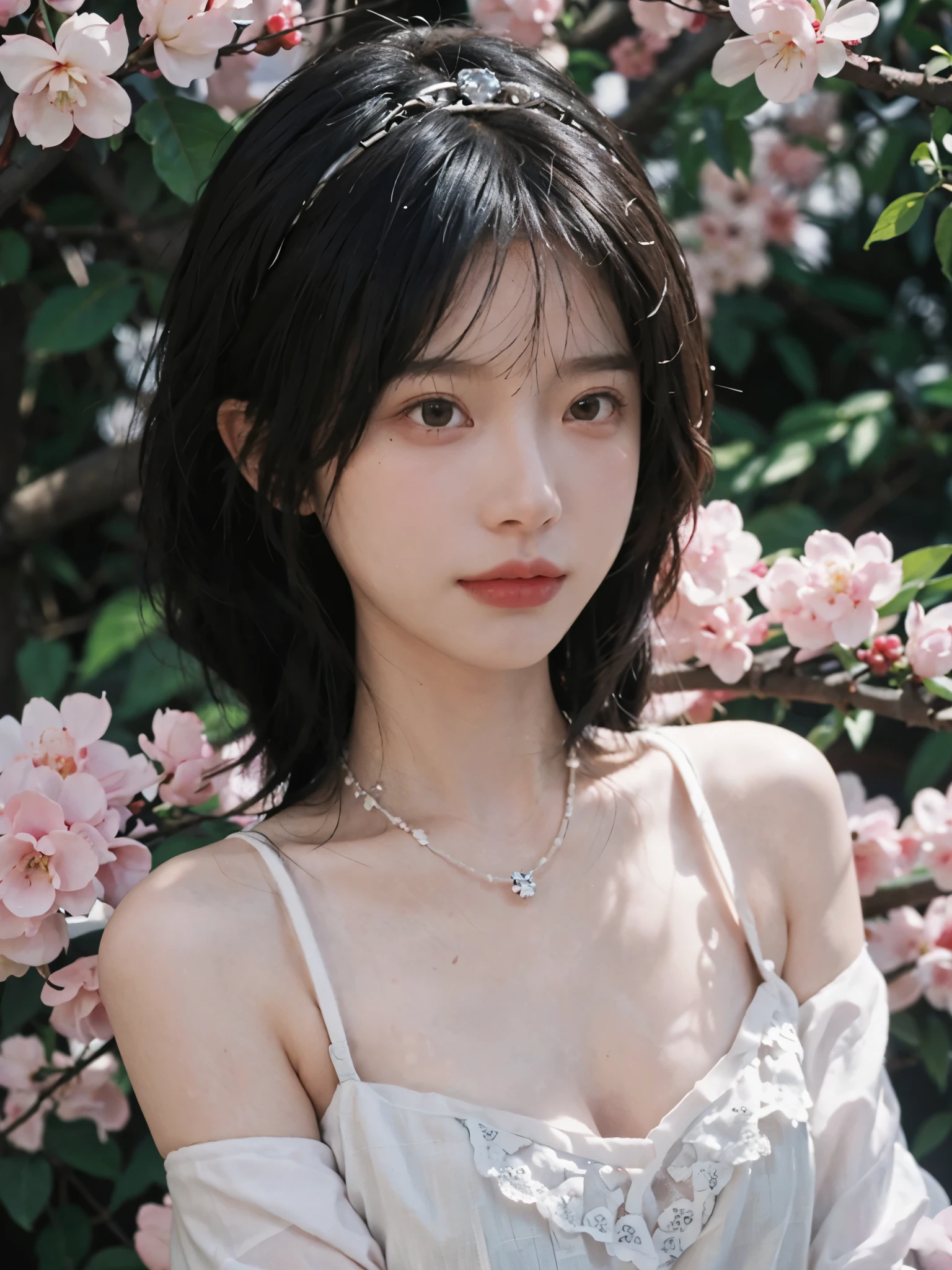 best quality, ultra high resolution, (realistically:1.4), Cute tiara,Baoyu Girl, A pair of clear and charming peach blossom eyes,Royal sister,The sun shines on the face,Double tail,(in the cherry blossom tree:1.4),(necklace:1.2),(White skin:1.4),(Full body female love:1.2)a sense of atmosphere,a beautiful girl,Looking directly at the viewer, Close-up cleavage ,(lifelike:1.4),2 girls,Sexy,(Upper body:1.4),(wet),(:1.2)