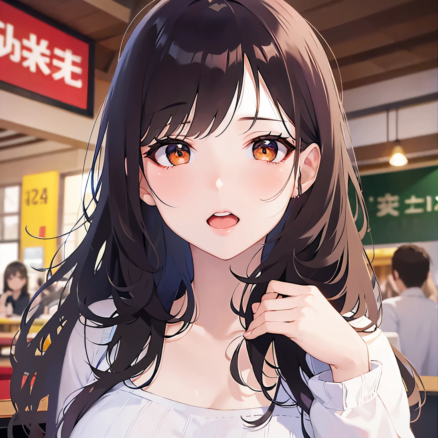 (looking at viewer:1.5),Upper Body, waving hands,
Realistic, real person, (pale skin: 1.2), RAW photo, photorealistic, shiny skin, shiny hair、
(A 25-year-old woman with medium-length hair and bangs) and (wavy hair) and (brown hair) and (orange eyes) 、
worried,open mouth, Wearing a white V-neck top 、The background is the interior of a restaurant at night.