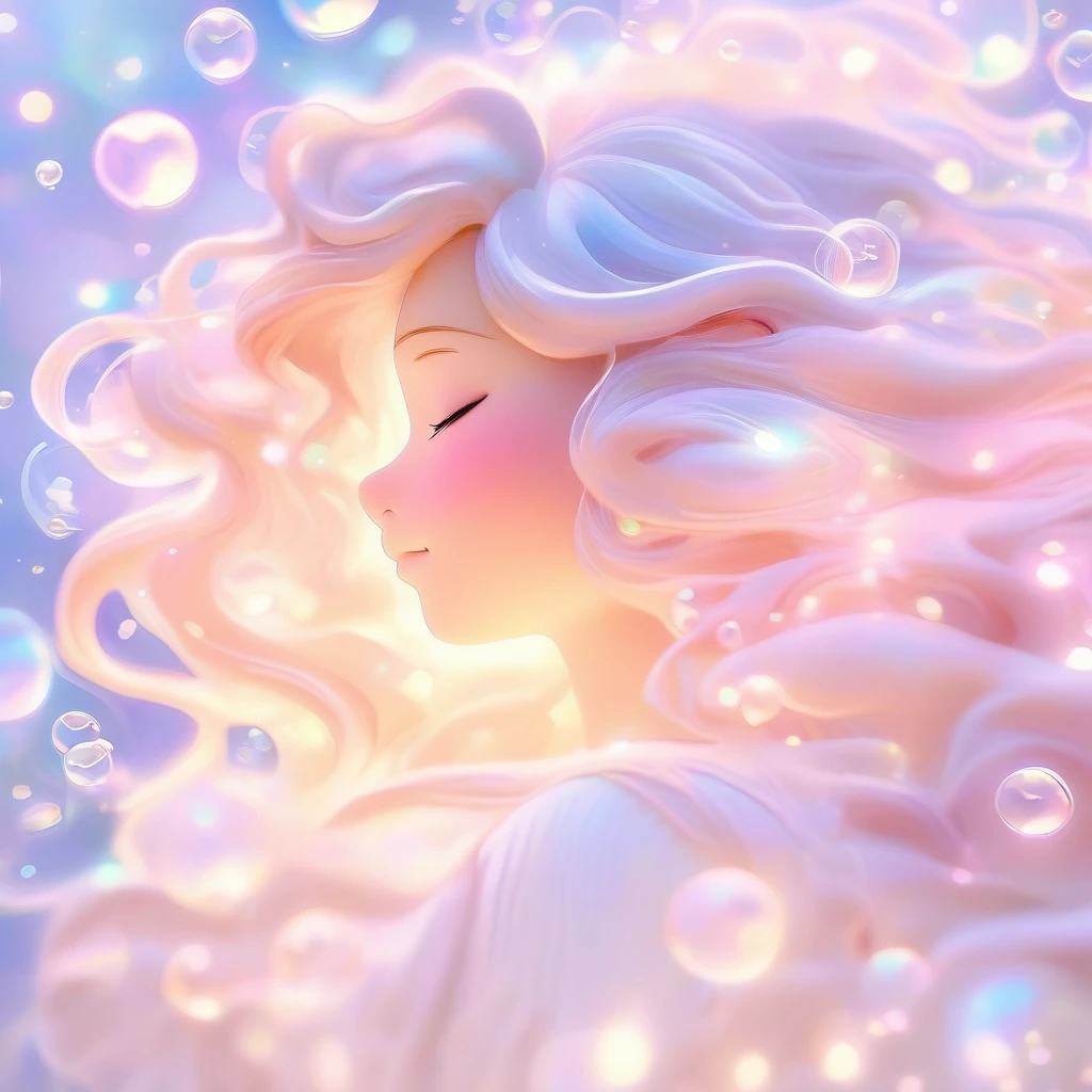 Detailed anime artwork of a girl with long, flowing hair in pastel tones. Her serene expression and closed eyes are highlighted against a background of soft, watercolor-like hues with bubbles and twinkling light accents. The overall atmosphere is dreamy and ethereal. --ar 3:4 --stylize 600 --niji 6