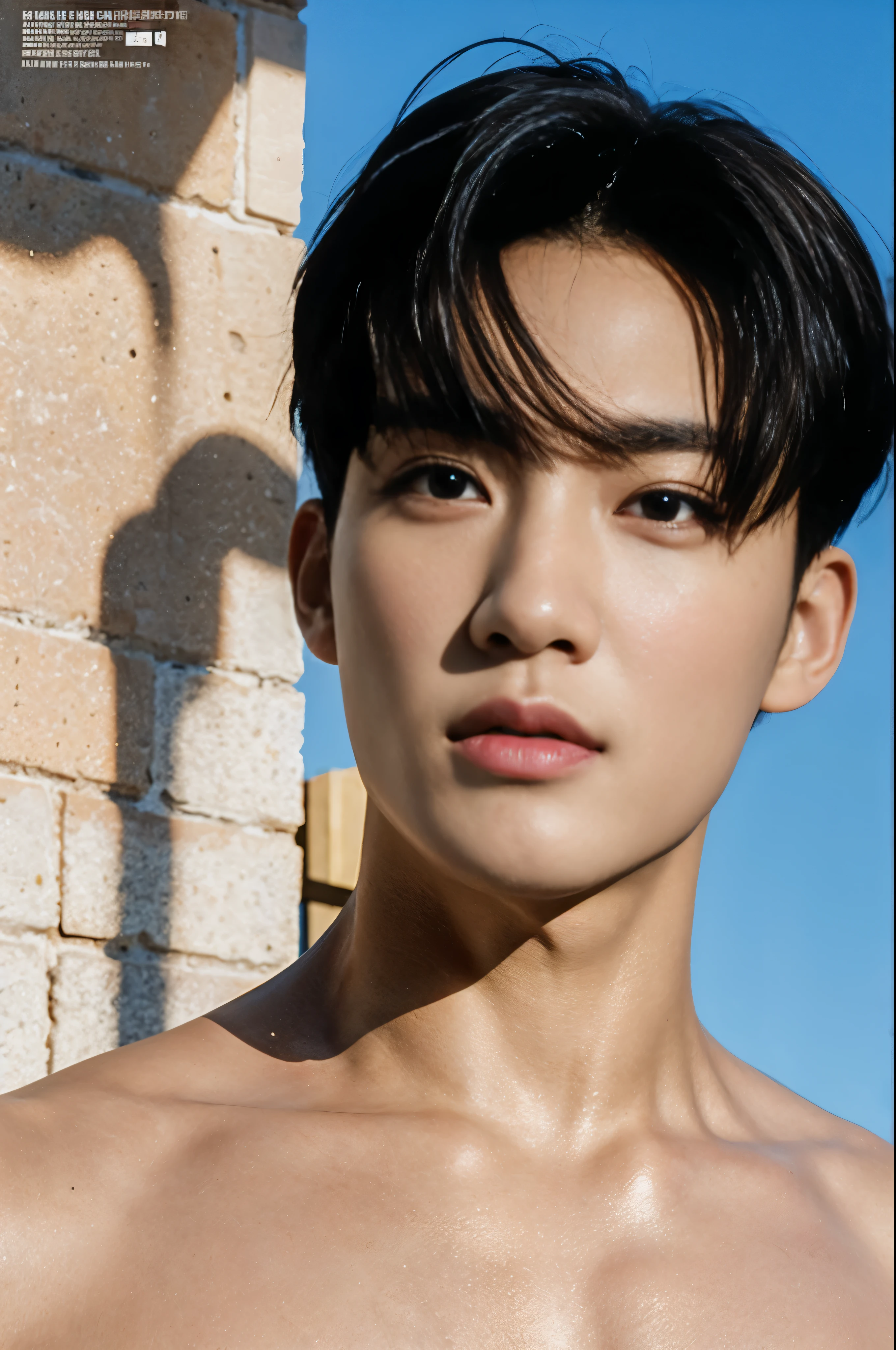 Bright background and backdrop,magazine photo,eyes looking center,for ads,Handsome korean male,abs shirtless,half body protrait,Center-parted hairstyle,angle tilted to the side,focus on face,straight head.