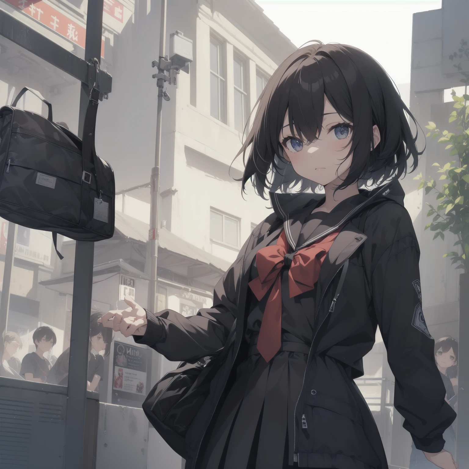ultra-absurdres-Top quality by artist God, ultra-detailed, high resolution, anime moe artstyle, best anime 8k konachan wallpaper, pixiv contest winner, pool:2810, perfect anatomy,break, 1girl, (Please draw a girl walking sleepily to school alone. )break,(Solo,little female, 13-year-old:1.3),Full limbs, complete fingers,a junior high school student, (very short hair), short cut, flat chest, , small butt, small black eyes, beautiful detailed eyes, well-proportioned iris and pupils, expressive eyes, highres detailed hair, soft expression, salor school_uniform, sailor collar, serahuku, bow, pleated skirt,(Detailed Lighting), (Detailed background), in the School commute route. break,super detailed skin, Best cinematic lighting powered by famous artist, 8k,beauty illustration,photoshop_(medium),very aesthetic,break,((artist:fujima_takuya )), artist:clamp ,artist:carnelian ,artist:kantoku ,