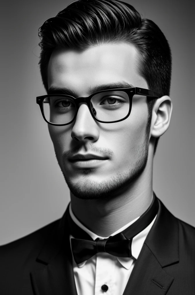 Male 25 years old, Black and white photo, portrait, средний portrait, man with glasses, handsome man,