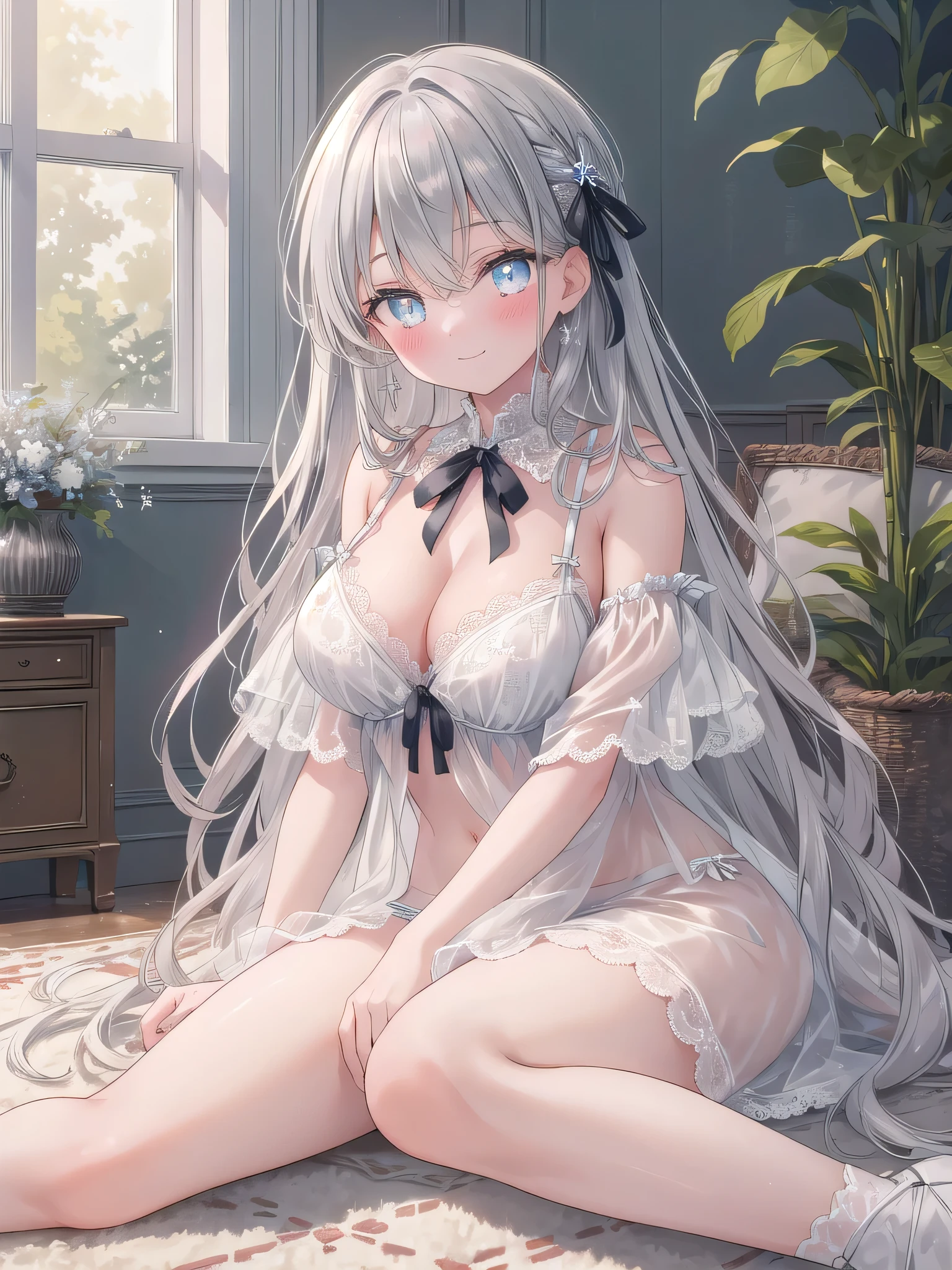 ((8K, Highest Quality, Best:1.3)), Ultra High Resolution, (1 Girl, 1 Person), (Color Changing Eyes, Super Detailed, Expressive Sparkle, Sparkling, Glowing Eyes), Highly Detailed Eyes, Highly Detailed Face, Random Hair, (Silver Gray Color)) "Woman Sitting with Legs Open". The background is a natural wood floor with a soft cream colored rug. The living room has simple and stylish art on the walls, creating a calm atmosphere throughout the room. The woman has her long silver hair naturally down and is sitting on the rug, relaxing. She is wearing a light blue lace bra and panties, and the lace design looks delicate. The angle is from below looking up, capturing her sitting on the rug (with her legs naturally open). Part of her underwear is visible between her legs, highlighting the pretty lace and ribbon details. She is smiling with a relaxed expression and blushing slightly. The natural light and wood texture in the background add a warm and dreamy glow to the whole image.