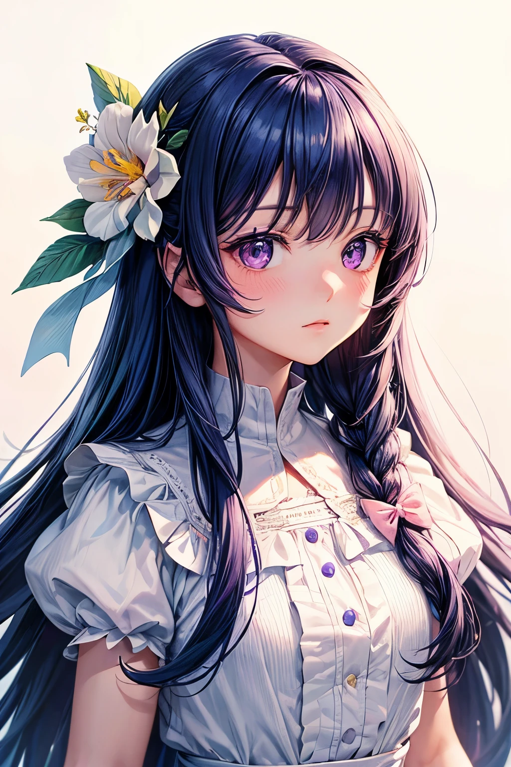 best quality, masterpiece, Very detailed, Detailed Background, 1 girl, alone, long hair, flower, blue hair, White background, pink flower, Simple background, contour, Upper Body, shirt, white shirt, white flower, bow, Bangs, Purple Eyes, Yoko, blush