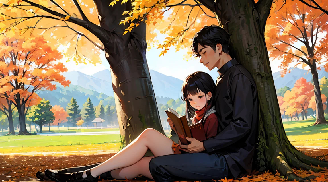 Canada、autumn leaveaple、hill、Maple、Leaves fall、One man and one woman, A man is sitting under a tree and reading。Woman sleeping on man's lap、Blissful expression、Korean Drama、Tokkebi、Gong Yoo、Kim Go Eun, Man in a stylish suit, Woman wearing a long-sleeved sweater, Pleated skirt, Red scarf、