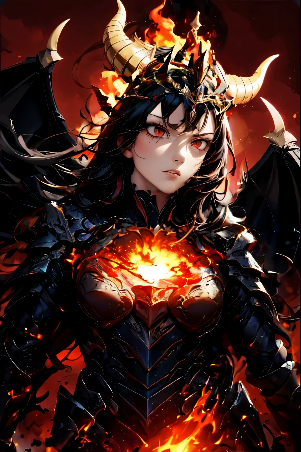 a woman wearing a pitch black armor with red accents, engulfed in blood-red flames, wearing a crown that is on fire, intricate details, ultra-detailed, 8k, highly detailed, photorealistic, masterpiece, dramatic lighting, cinematic composition, epic fantasy, dark fantasy, moody atmosphere, dramatic colors, intense fiery effects, dramatic lighting, volumetric lighting, chiaroscuro, powerful, imposing, striking, epic, dramatic, cinematic, fantasy, dark, moody, intense, fiery, dramatic sie hat ein rotes brenndes auge die tragt eine krohne die in flammen steht