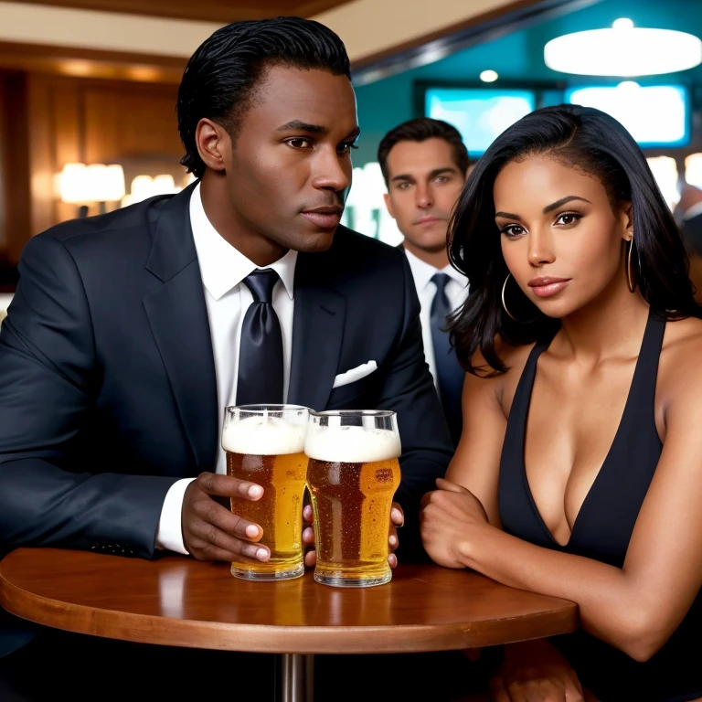 there is a pretty woman with dark skin, having a beer in a bar, She is accompanied by a handsome athletic executive in a suit and tie..., they are sitting at the same table.