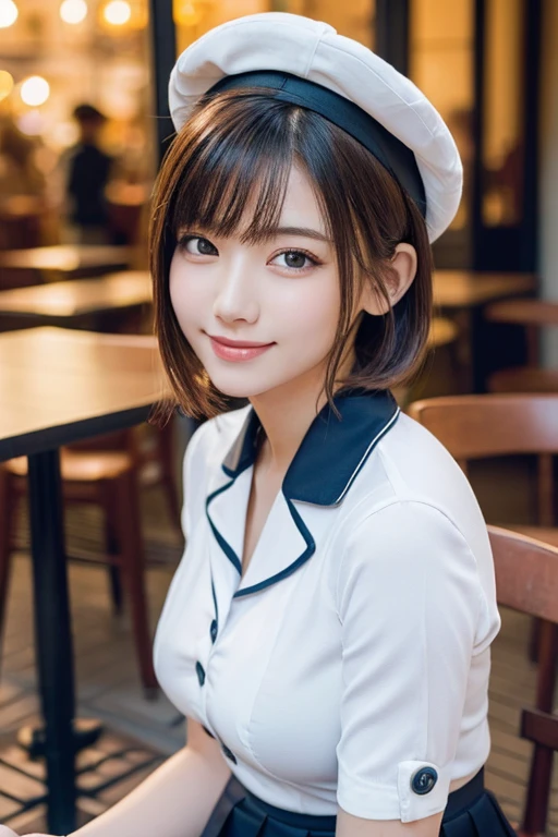 (2 youthful and beautiful women, age 20s, wearing the iconic japanese high ,  white shirt with buttons, pleated mini-skirt, red neck collar ribbon, serafuku, ponytail hair, short hair, bob hair with side bangs, sailor hat, sailor uniform,
BREAK
 Friendly Kind smile, beautiful detailed eyes, beautiful detailed lips, extremely detailed eyes & facial features, long eyelashes, natural color lips, ample bosom, huge breasts, perfect body anatomy, natural poses, the cowboy shot, high angle camera shot, sitting in an outdoor cafe,
BREAK 
 Photorealism, Ultra-realistic, portrait, vivid colours, photo-realistic, UHD, 4k, 8k, ultra-detailed, finely detailed, high resolution, masterpiece, best quality, illustration, perfect dynamic composition, bokeh night background, safe for work, SFW)