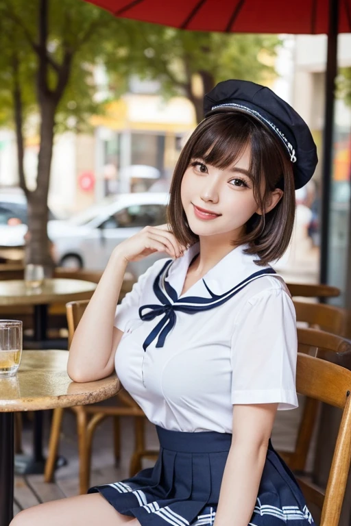 (2 youthful and beautiful women, age 20s, wearing the iconic japanese high , white shirt with buttons, pleated mini-skirt, red neck collar ribbon, serafuku, ponytail hair, short hair, bob hair with side bangs, sailor hat, sailor uniform,
BREAK
Friendly Kind smile, beautiful detailed eyes, beautiful detailed lips, extremely detailed eyes & facial features, long eyelashes, natural color lips, ample bosom, huge breasts, perfect body anatomy, natural poses, the cowboy shot, high angle camera shot, sitting in an outdoor cafe,
BREAK
Photorealism, Ultra-realistic, portrait, vivid colours, photo-realistic, UHD, 4k, 8k, ultra-detailed, finely detailed, high resolution, masterpiece, best quality, illustration, perfect dynamic composition, bokeh night background, safe for work, SFW)