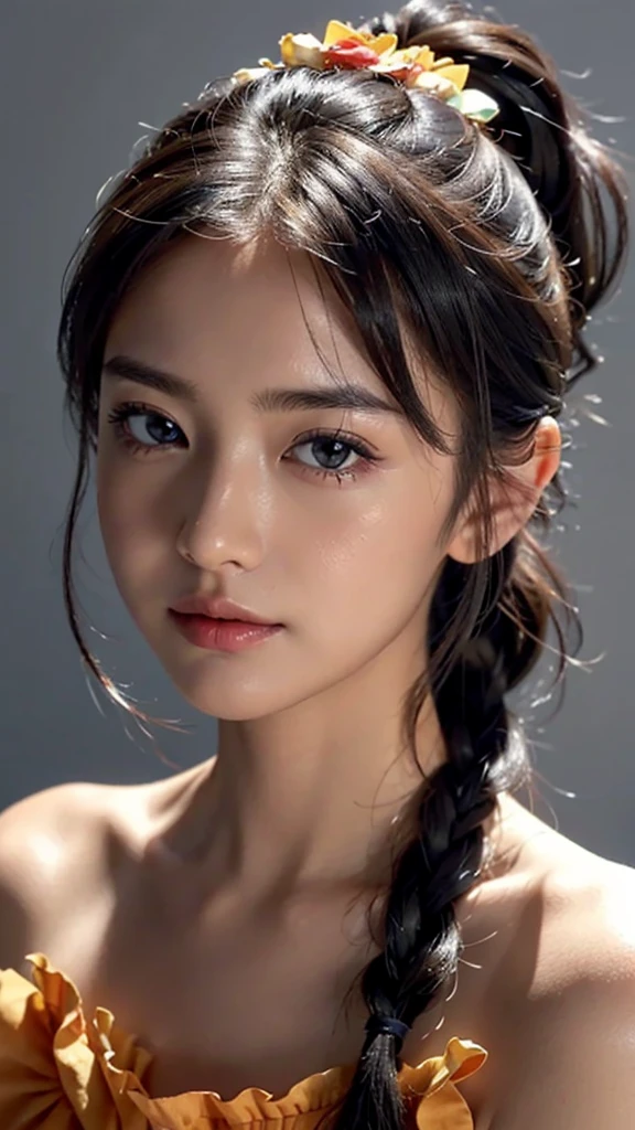 Close up face,Orange Sleeveless Dress Style,Frilly dress,ruffled edges, layered,Accessories: Flower hairpiece, ribbon, fitted body,Commercials for luxury cosmetics style,Commercial filming studio,The background is all gray,Body in front,fully body photo,masutepiece, The highest image quality, High quality, the background is clear,Beautiful woman, Japanese, Detailed, Ultra-detailed, finely detail, hight resolution, 8K Wallpaper, Perfect dynamic composition, Beautiful detailed eyes ,Detailed eyes, Detailed skin, Beautiful skin, 超hight resolution, (reality: 1.4),Very beautiful woman, Slightly younger face, Beautiful skin, slender, (Ultra photo realsisim), (hight resolution), (8K), (Very detailed) (beautifully detailed eyes), (super detailed), (Detailed face), view the viewer, Fine details, Detailed face, Staring straight ahead, Staring straight ahead, photos realistic, Bright lighting, Professional Lighting, Black hair,poneyTail,a baby face,sixteen years old,Hairstyle: ponytail,Long ponytail hairstyle,slight smile,