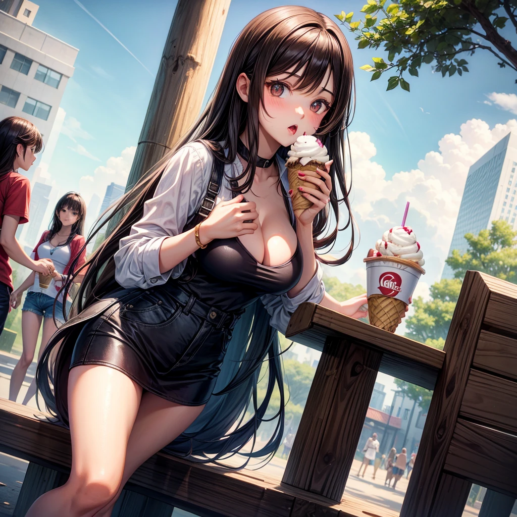 long dark hair / big tits / brown eye / eats ice cream / in the park