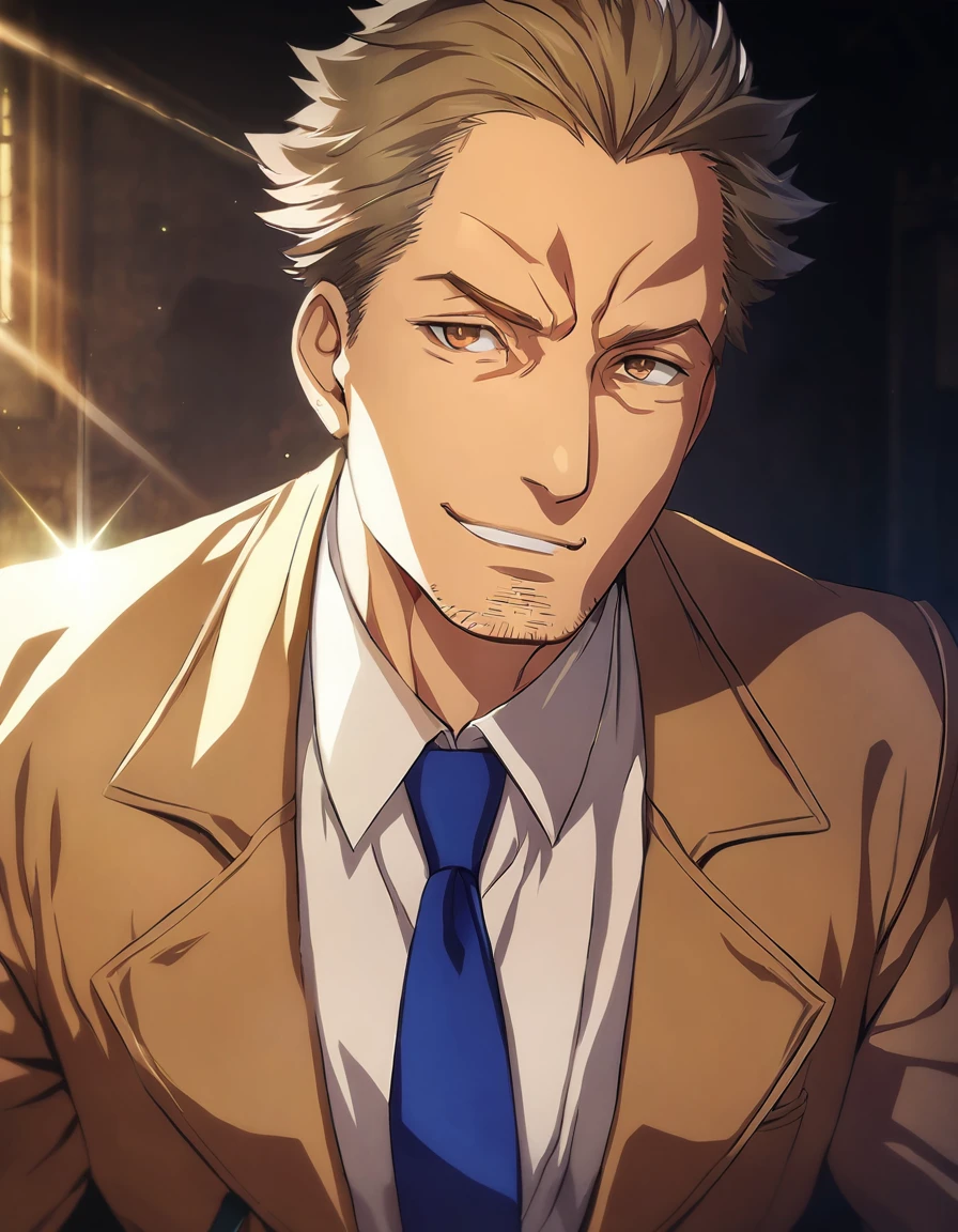 1man, veteran mature detective, muscular, boned nose, wavy slicked back spiked hair, yellow_brown hair, BREAK shihaku, brown eyes, dandy, virile, stubble, square shaped, large eyes, ugly, rough skin, facial wrinkles, BREAK ideal ratio body proportions, ordinaly, cute uncle, beautiful detailed eyes, broad waist, 40yo dude, languid, BREAK solo, upper legs, white collared shirt, blue necktie, brown trench coat, dark worn-out suit, cute smile, standing, in detective agency, detailed background, BREAK dandy posing, dramatic expression, oil colored, in capcom art style, in old eroge style, 2000s, cinematic key visual, cinematic shadows, cinematic lighting, lens flare, light leaks, masterpiece, best quality