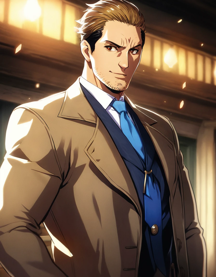 1man, veteran mature detective, muscular, boned nose, wavy slicked back spiked hair, yellow_brown hair, BREAK shihaku, brown eyes, dandy, virile, stubble, square shaped, large eyes, ugly, rough skin, facial wrinkles, BREAK ideal ratio body proportions, ordinaly, cute uncle, beautiful detailed eyes, broad waist, 40yo dude, languid, BREAK solo, upper legs, white collared shirt, blue necktie, brown trench coat, dark worn-out suit, cute smile, standing, in detective agency, detailed background, BREAK dandy posing, dramatic expression, oil colored, in capcom art style, in old eroge style, 2000s, cinematic key visual, cinematic shadows, cinematic lighting, lens flare, light leaks, masterpiece, best quality