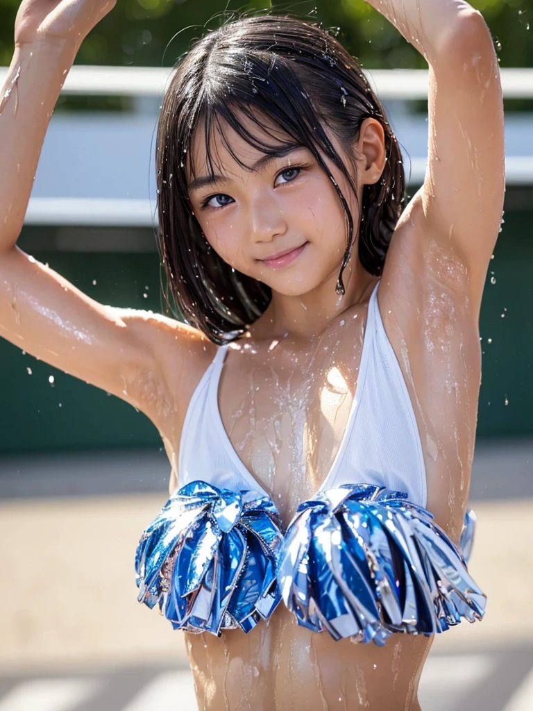 (best quality:1.2), masterpiece, Realistic, Ultra-high resolution, ((a beautiful Japanese idol  woman:1.2)), (Gaunt:1.3), (((Very flat chest:1.4))), ((Baby Face)), ((upper body)), (nup, cheerleader:1.2), (show me your armpit:1.2), (sweaty armpit:1.1), ((Armpits are wet and shiny with sweat)), She has skin that sweats easily Soaking wet, Sweaty, (I can see my pores:1.2), topless, solo, smile, standing, looking at viewer