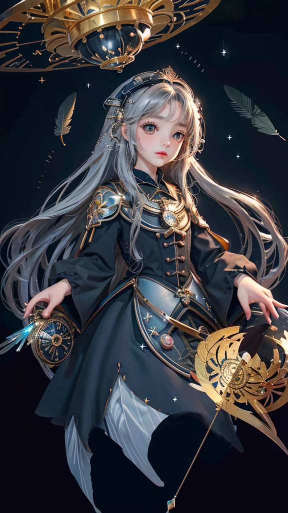 1girl ,{Background (In a huge clock)}, {Deep black blue eyestwinkling with the stars}, {Beautiful lolita}，(beautiful detailed eyes)，long_ hair，{loli},{{{clock style magic array}}},With magic feathers floating around，{masterpiece}, {(best quality)},{high-quality},{{magic clock dial}}, {darker light}, {flat chest}, {warm tone},silver_hair,magic_circle, ,{Animation style}, {{The silver whirlwind revolving around the characters}},