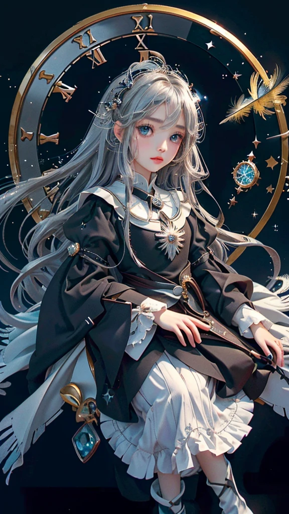 1girl ,{Background (In a huge clock)}, {Deep black blue eyestwinkling with the stars}, {Beautiful lolita}，(beautiful detailed eyes)，long_ hair，{loli},{{{clock style magic array}}},With magic feathers floating around，{masterpiece}, {(best quality)},{high-quality},{{magic clock dial}}, {darker light}, {flat chest}, {warm tone},silver_hair,magic_circle, ,{Animation style}, {{The silver whirlwind revolving around the characters}},