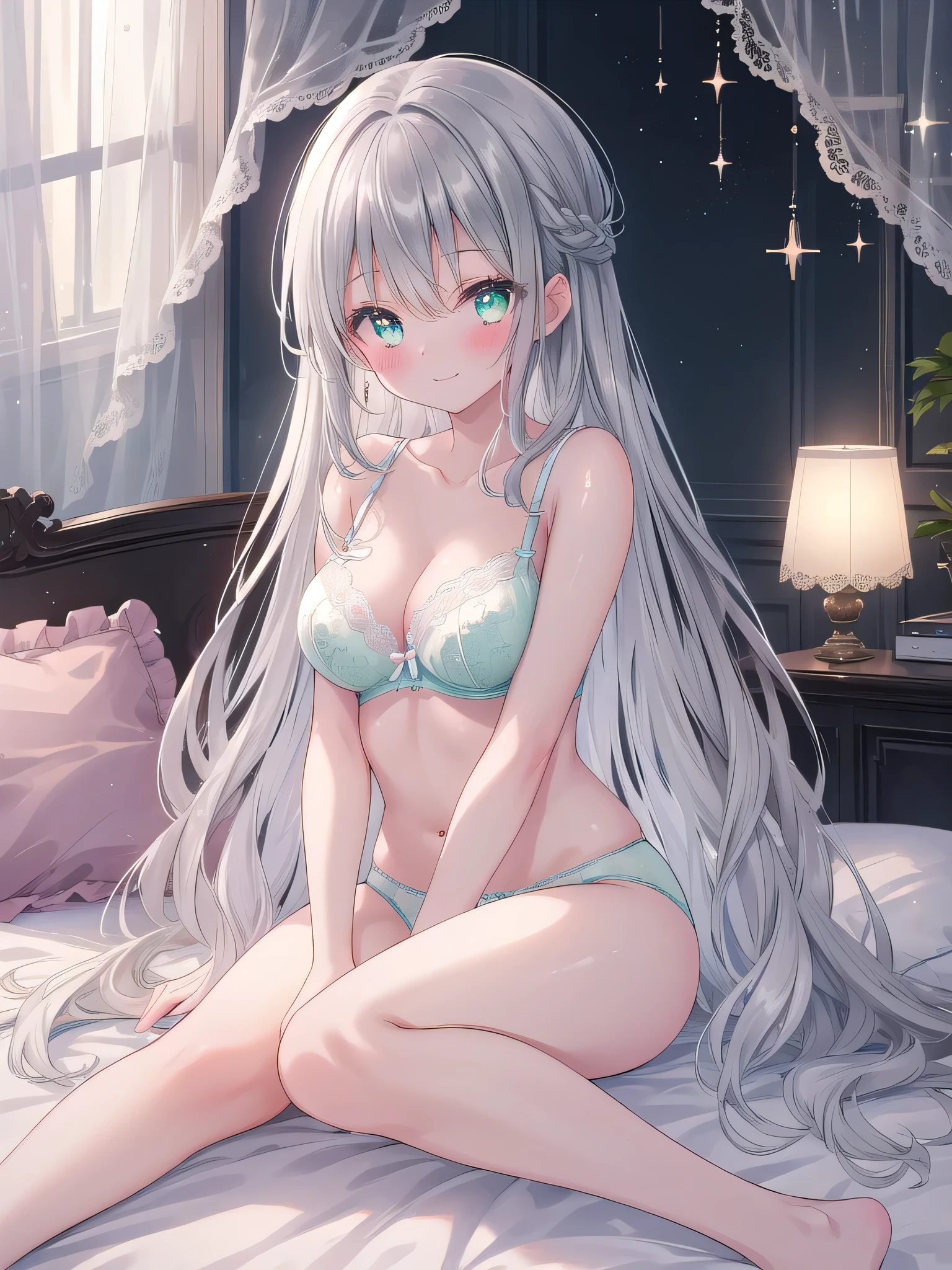 ((8K, Highest Quality, Best:1.3)), Ultra High Resolution, (1 Girl, 1 Person), (Color Changing Eyes, Super Detailed, Expressive Sparkle, Sparkling, Glowing Eyes), Highly Detailed Eyes, Highly Detailed Face, Random Hair, (Silver Gray Color)) "Woman Sitting with Legs Open". The background is a corner of a simple, modern bedroom. The bed is covered with silk sheets and fluffy cushions are lined up for pillows. The room's colors are soft pastels, creating a relaxing atmosphere. The woman has her long silver hair down and is sitting on the edge of the bed. She is wearing a simple mint green bra and panties, with light lace on the bra cups. The angle is from below, capturing her sitting on the bed with her legs slightly open. The lace and ribbons of her underwear are clearly visible, highlighting her cuteness. She is smiling gently and blushing slightly. The soft light in the background and the shine of the sheets create an elegant and dreamy atmosphere overall.