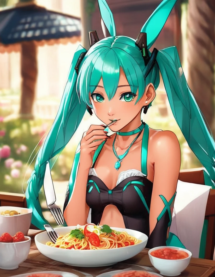 A very handsome Will Smith dressed as Hatsune Miku eating spaghetti