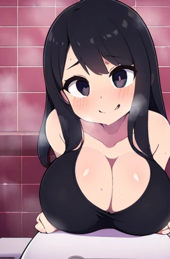 (((((Completely naked))))),(((Open your mouth))),14-year-old face,Black Eye,Dark Eyes,Black Hair,Long Hair,((Wet Skin)),((Wet Hair)),Hot Face,((Heavy breathing)),Big Breasts,Slightly larger belly,(,Accentuate the cleavage,(Leaning forward),((Looking into the camera)),With a sexy smile,(((Bathroom)))