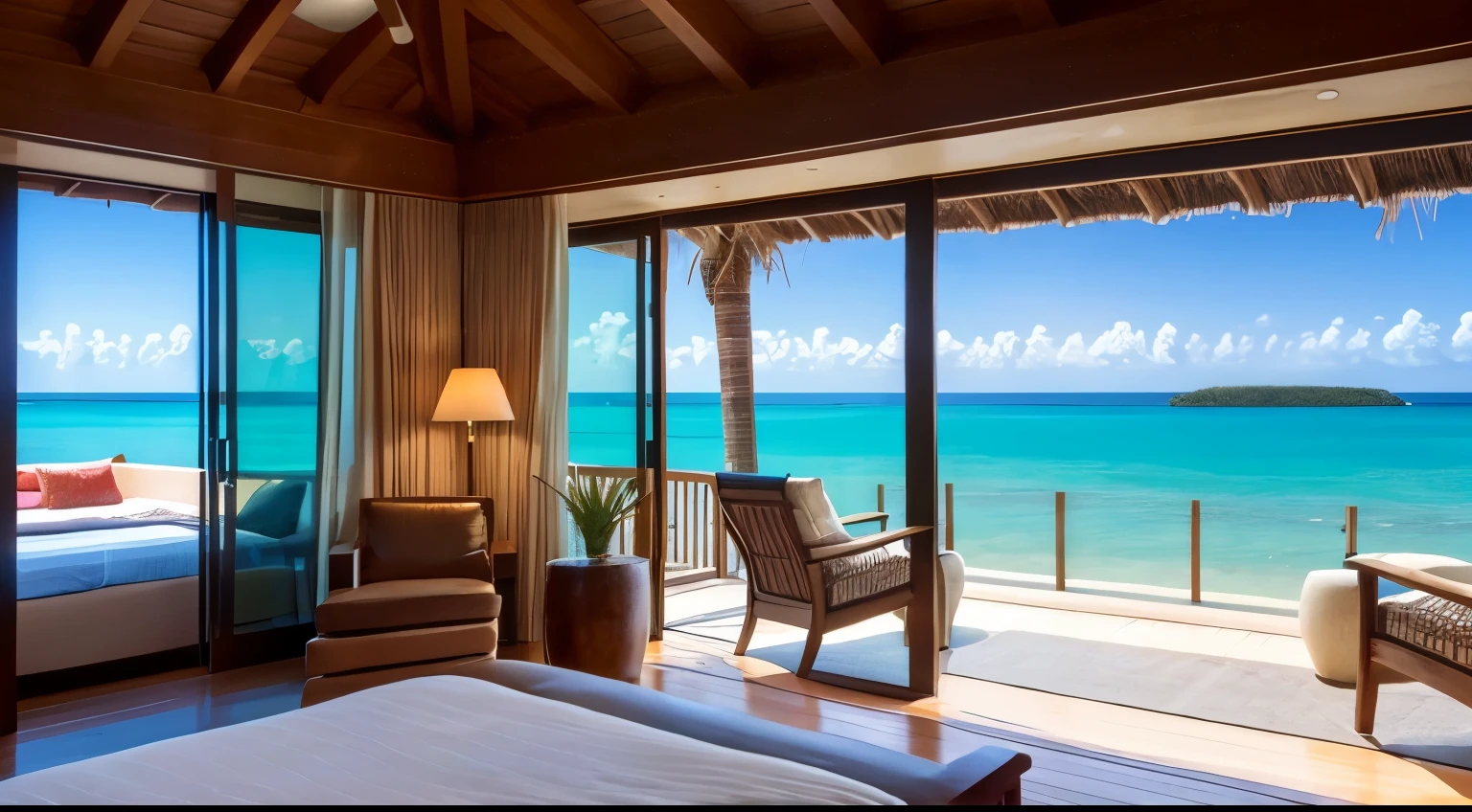 Arabian-style bedroom with ocean and patio views, Maldives on the background, paradise in the background, Soft natural light, Exclusive, Wide Full Shot, Next to the Tropical Sea, Vibrant atmosphere, A beautiful masterpiece, in a beachfront environment, Nice views, Front shot, A wonderful masterpiece, Breathtaking details, Breathtaking look, luxury, Nice views,