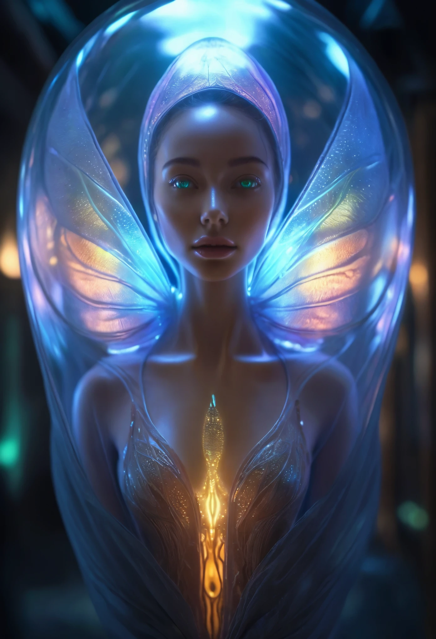 1 beautiful female alien girl emerging from a cocoon, detailed beautiful face like cute girl and body, from back, (glowing eyes, glowing skin:1.5), intricate organic details, translucent wings, symmetrical face, ethereal lighting, cinematic, vibrant colors, digital art, highly detailed, 8k, photorealistic, whole body, Floating in the air