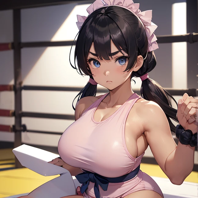Master piece, best high quality image, carefully detailed details and textures, alone character, full character view
{{(1character: black haired japanese human girl: (fair skin, black short hair tied in two short twintails, beautiful blue eyes, beautiful face, sharp eyebrows, nice figure, big breasts, beautiful legs, fierce expression, brave demeanor, sumo wrestling pose), (pink one-piece swimsuit, hip frills), (white colored japanese sumo training room, sumo training arena, no people around))}}