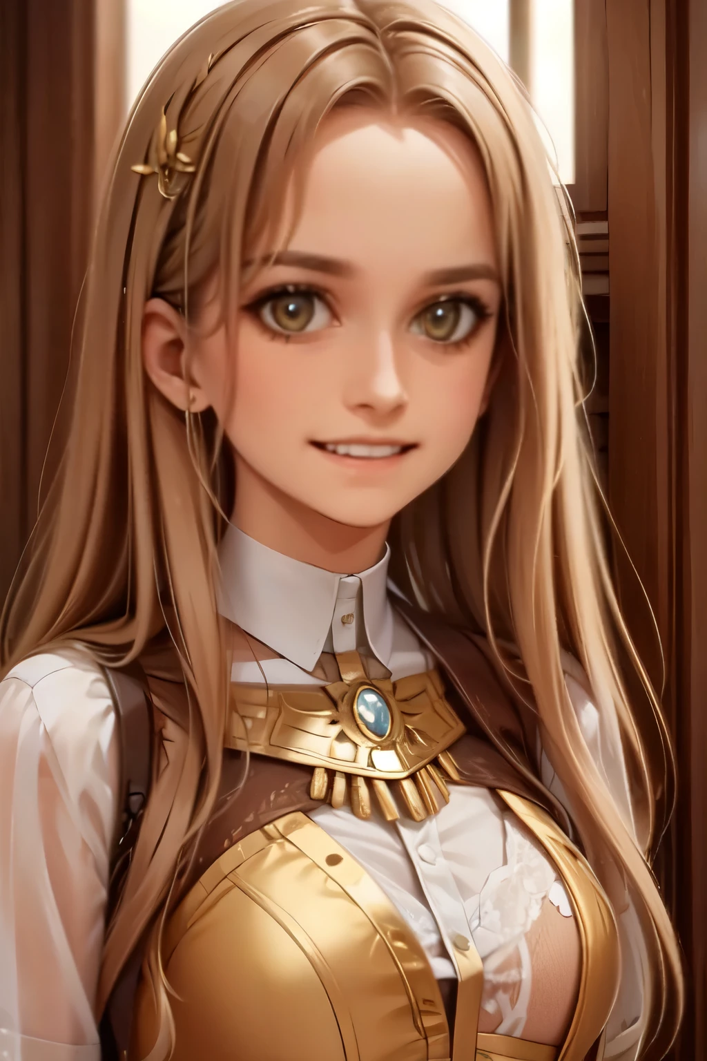 Girl, flowing golden blonde hair, yellow eyes, golden imperial outfit, neckline, anime, the background is a clear sky with twinkling lights, dynamic angle, arrogant laughter