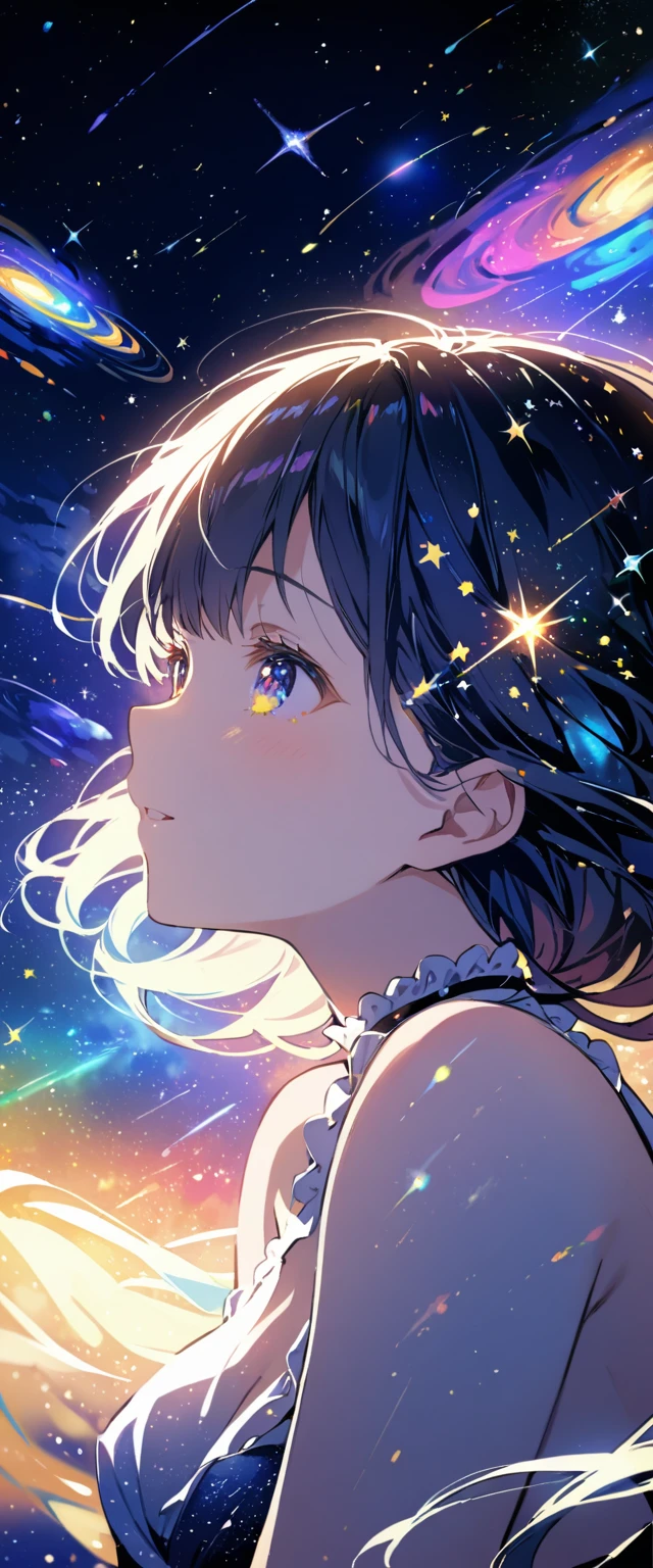Attention to detail, Super Detail, Ultra-high resolution, A girl having fun in a dream galaxy, Surrounded by stars, The warm light that shines on her, The background depicts a starry sky with colorful galaxies and galactic clouds, The stars fly around her, Delicate face, Add some fun ,