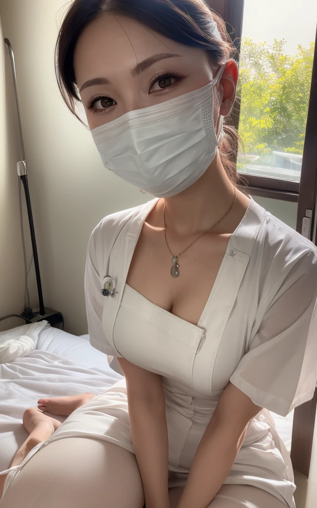 3 girls,(Wearing white nurse clothes:1.2),(RAW Photos, Highest quality), (Realistic, photo-Realistic:1.4), masterpiece, Very delicate and beautiful, Very detailed, 2k wallpaper, wonderful, finely, Very detailed CG unity 8k wallpaper, Very detailedな, High resolution, Soft Light, Beautiful detailed girl, Very detailed eyes and face, Beautiful and detailed nose, finely beautiful eyes, nurse, Perfect Anatomy, Black Hair, Low ponytail style, nurse uniform, ((mask)), Long skirt, nurse, White costume, thin, hospital, clear, White Uniform, hospital room, Bobcut, Big Breasts、(Erect nipples)