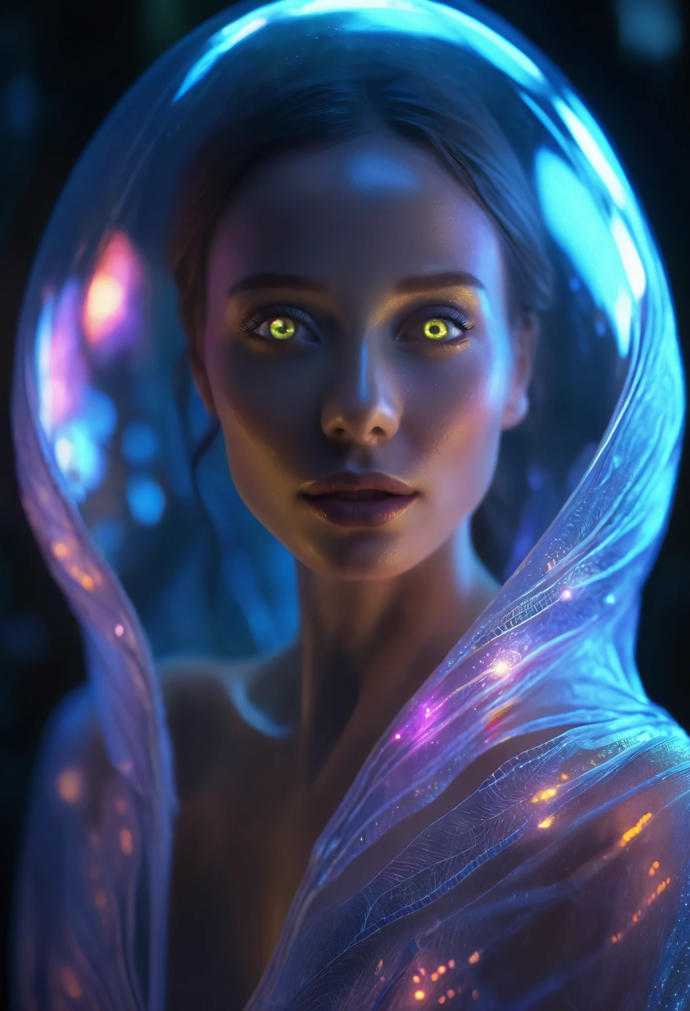 1 beautiful female alien girl emerging from a cocoon, detailed beautiful face like cute girl and body, from back, (glowing eyes, glowing skin:1.5), intricate organic details, translucent wings, symmetrical face, ethereal lighting, cinematic, vibrant colors, digital art, highly detailed, 8k, photorealistic, whole body, Floating in the air