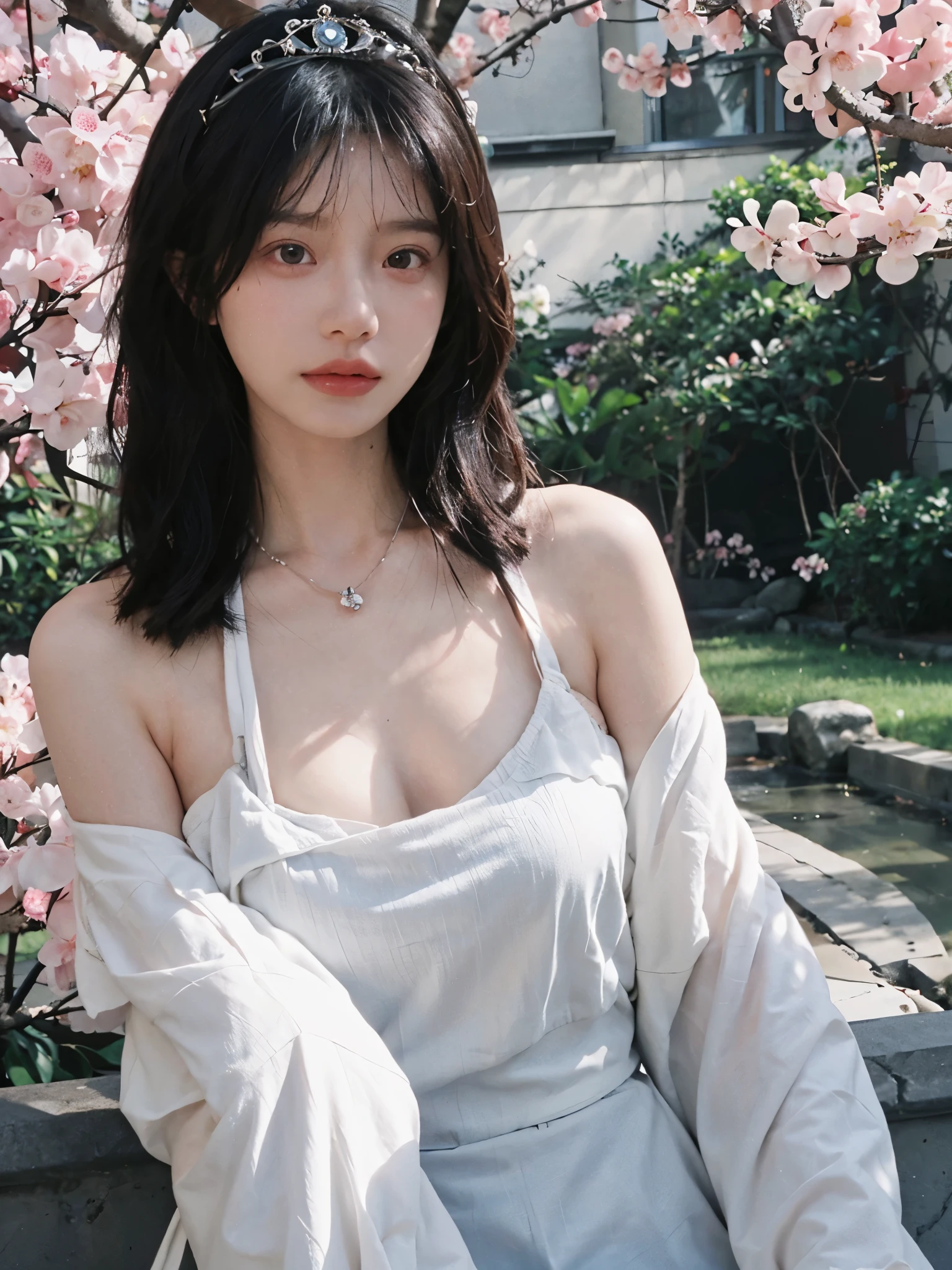 best quality, ultra high resolution, (realistically:1.4), Cute tiara,Baoyu Girl, A pair of clear and charming peach blossom eyes,Royal sister,The sun shines on the face,Double tail,(in the cherry blossom tree:1.4),(necklace:1.2),(White skin:1.4),(Full body female love:1.2)a sense of atmosphere,a beautiful girl,Looking directly at the viewer, Close-up cleavage ,(lifelike:1.4),2 girls,Sexy,(Upper body:1.4),(wet),(:1.2)