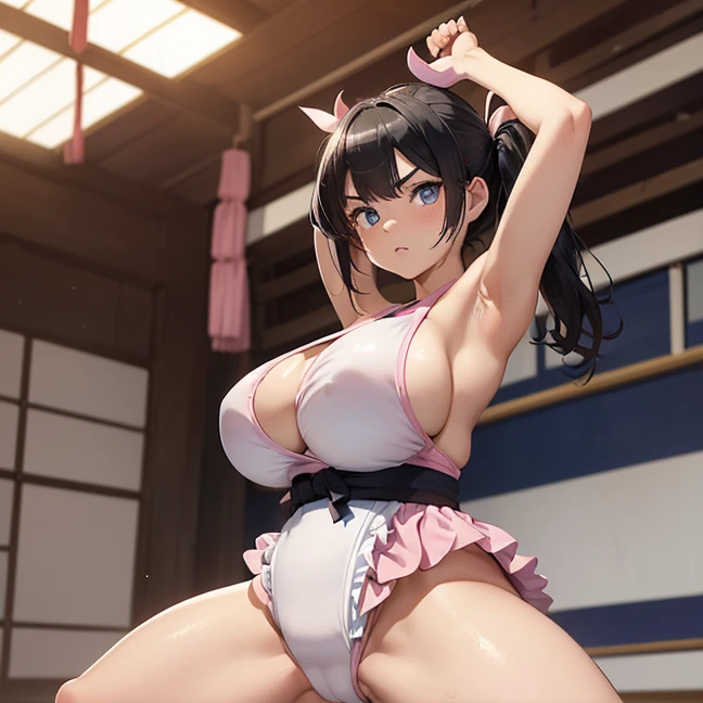Master piece, best high quality image, carefully detailed details and textures, alone character, full character view
{{(1character: 25 years old black haired japanese human girl: (fair skin, black short hair tied in two short twintails, beautiful blue eyes, beautiful face, sharp eyebrows, nice figure, big breasts, beautiful legs, fierce expression, brave demeanor, sumo wrestling pose), (pink one-piece swimsuit, hip frills), (white colored japanese sumo training room, sumo training arena, no people around))}}