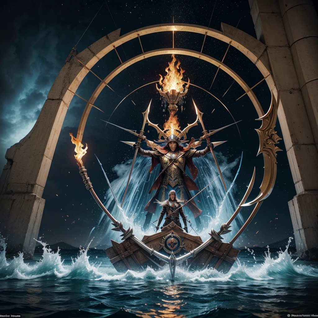 It was like a coat of arms of the elements, water fire earth and air and metal, type with their respective weapons being water, a trident, the fire sword, land a giant hammer, ar a bow with quiver and the metal a scythe