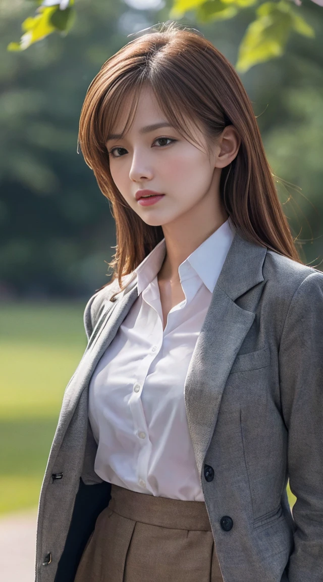 masterpiece, Highest quality, Realistic, Very detailed, Finer details, High resolution, 8k wallpaper, 1. Beautiful woman, Wear casual business attire, In the park where the morning sun shines, Early in the morning, Light brown messy hair, Perfect dynamic composition, Beautiful and exquisite　Provocative pose　Provocative look　Sexy lips　