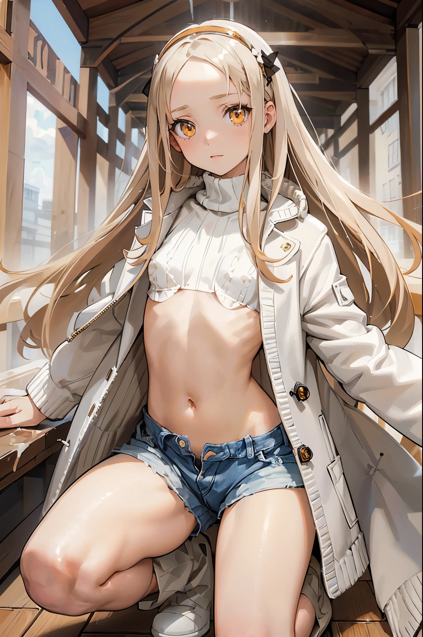 masterpiece, ultra detailed, 8k portrait, RAW photo, portrait photography, Highly detailed face, beautiful and meticulous eyes, (amber color eyes:1.5), , standing by the theme park, (white short shirt) and (LowriseXL blue shorts), navel, (put on knee length long white knit coat:1.5), cute girl, long hair, (cream color long hair:1.5), show forehead, hairpin, young girl, 1girl, cute girl, pretty girl, portrait of cute girl, slim:1.5, flat chest:1.5,
