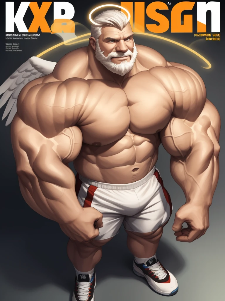 Magazine cover. Solo, 1boy, perfect anatomy, angel, drone view, white skin, high shoot, up view, perfect proportion, huge halo, wing, sharp eyes, big eyes, peaceful, angel eyes, halo, (smile, happiness), calm, perfect fingers, big hand, fingers. Huge Muscular Old man with short hair, shoes, (white shorts), view from side, pectoral, thick arms, huge pectoral, wide pectoral, white hair, white beards, simple background, masterpiece, semirealistic:1.2, high detailed, 8k, high resolution, perfect center, full view. ((really big muscle, massive muscular, sixpack, thick arms, wide pectoral, super huge muscle, hyper muscular, over sized muscle, huge arms, big arms, huge pectoral))