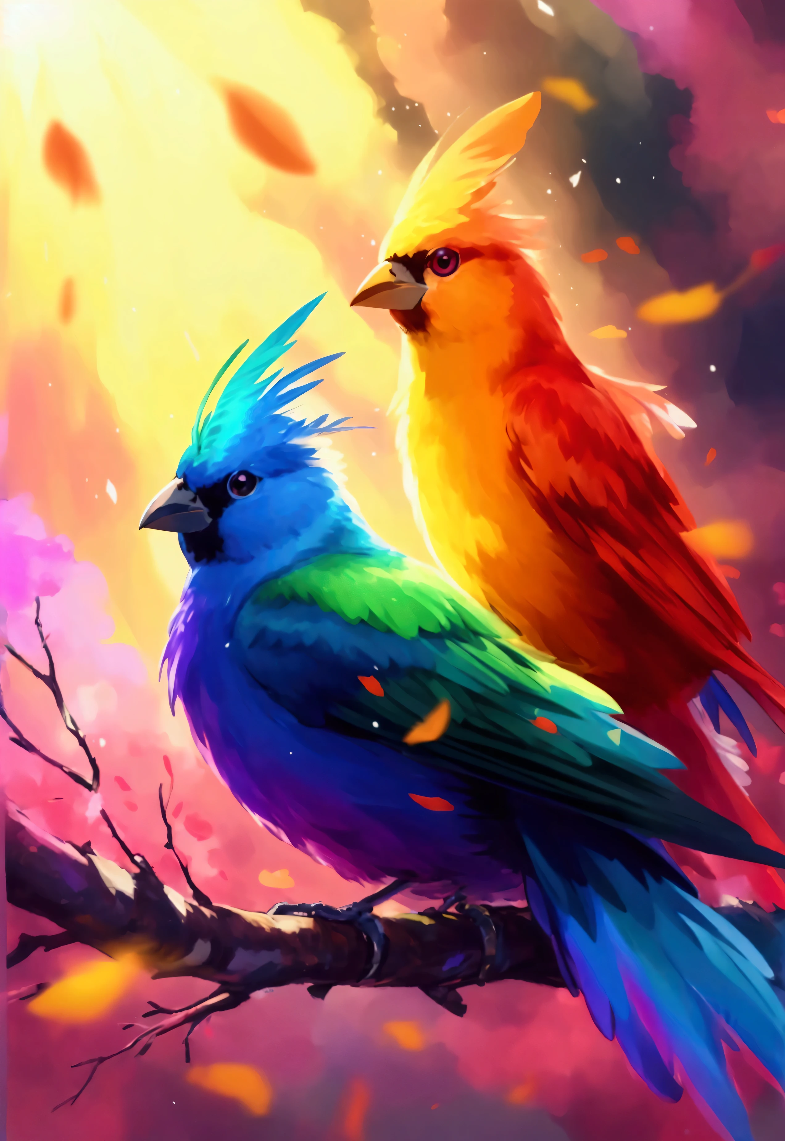 
anime、デジタルanimeアート、Flat Design,(masterpiece:1.2)、high quality、High resolution、Very detailed、(Amazingly absurd:1.2)、break,Bird with rainbow feathers、Colorful background、Beautiful light effects