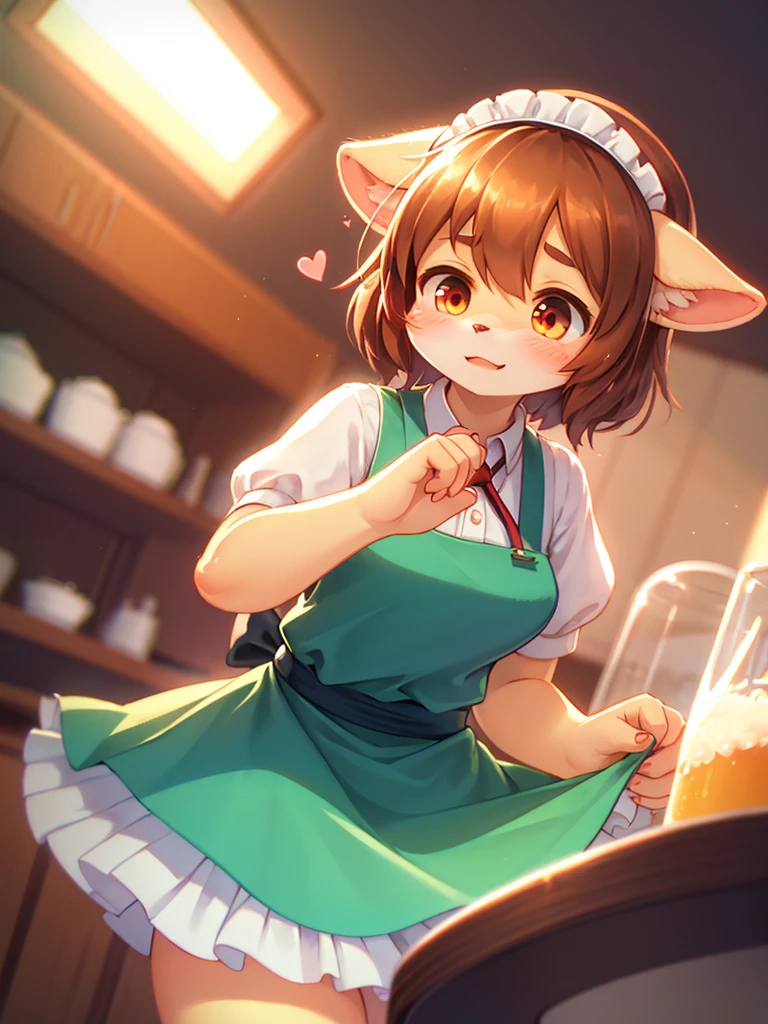 (Sumilux f1.4 50mm , low Latitude old color negative film , cross process , bokeh, flare, chromatic aberration , soft focus, (Shallow focus) , soft glow , Maximum aperture, low Key , Transparent depiction) , comedy cartoon style , coquettish , Clumsy Cafe clerk girl , blouse, apron, skirt , heart is beating fast with anticipation , Drop and break dishes