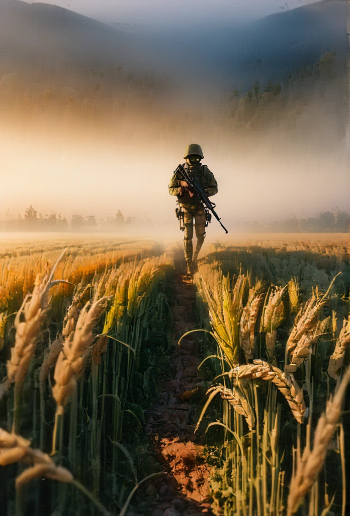 Masterpiece cinematic photo, photograph cinematic photo a russian Up to date soldier (close-up) with a weapon in his hands ,Tactical camouflage, ultra detailed, ultra sharp, ((best quality, симметрия)), ((masterpiece)), Walking through a rye field, ripe rye, morning, fog, photograph, film, bokeh, professional, 16k , oil and watercolor painting, dark, chiaroscuro