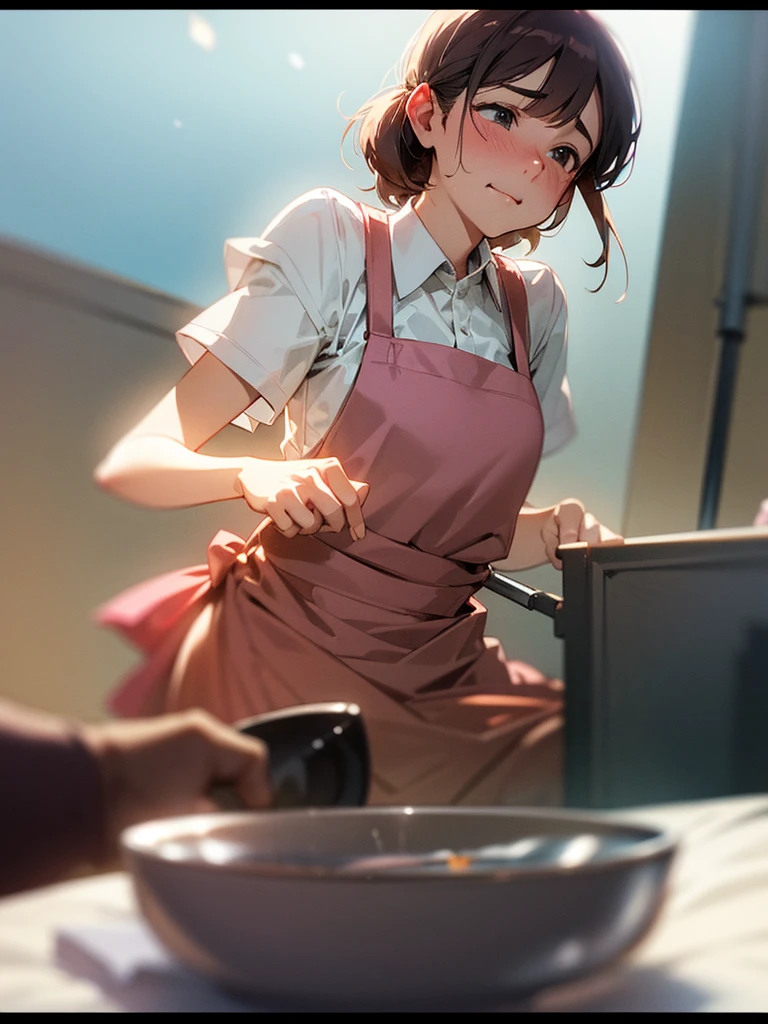 (Sumilux f1.4 50mm , low Latitude old color negative film , cross process , bokeh, flare, chromatic aberration , soft focus, (Shallow focus) , soft glow , Maximum aperture, low Key , Transparent depiction) , comedy cartoon style , coquettish , Clumsy Cafe clerk girl , blouse, apron, skirt , heart is beating fast with anticipation , Drop and break dishes