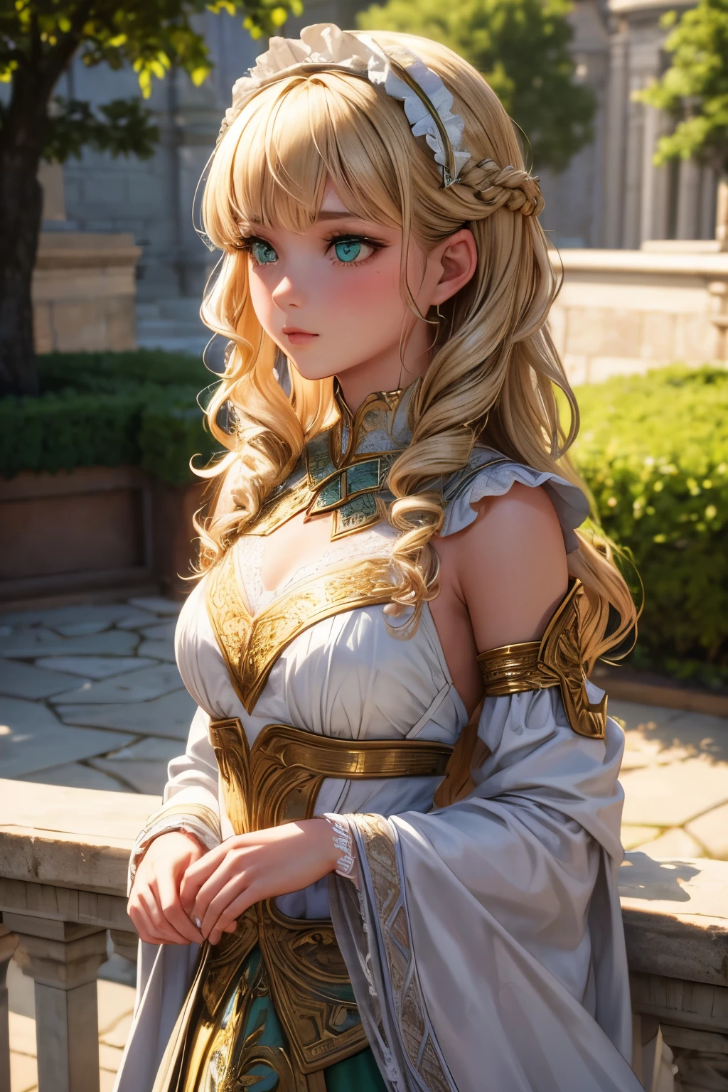 1 girl, masterpiece, best quality, 8k, Delicate skin texture, Delicate fabric texture, Beautiful and delicate face, intricate details, Super detailed, a european girl, Green eyes, Blondes have curly hair, 3d characters, Middle Century Knight