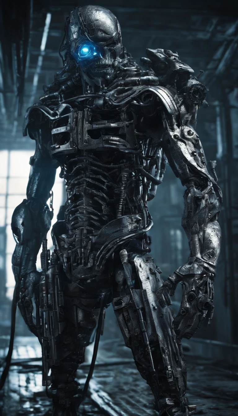 Full body shot, cyberpunk mechanical creature, highly detailed mechanical parts, fearsome yet alluring, police officer ceature, complex machinery, machinery creature, complex machinery, the terror of evildoers, urban cyberpunk landscape, neon lights, dramatic shadows, realistic 3D render, intricate gears and circuits, chrome plating, glowing blue energy, cybernetic enhancements, hyper-detailed texture, (best quality,4k,8k,highres,masterpiece:1.2),ultra-detailed,(realistic,photorealistic,photo-realistic:1.37),dystopian sci-fi,cinematic lighting,dramatic poses