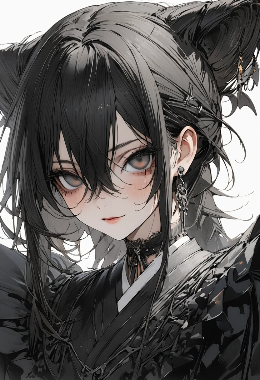 1 woman, striped hair, black hair, hair between eyes, moles under the eyes, blank eyes, high detail, conceptual art, japanese cartoon movies, gothic art, masterpiece, super detail, high details, high quality, best quality