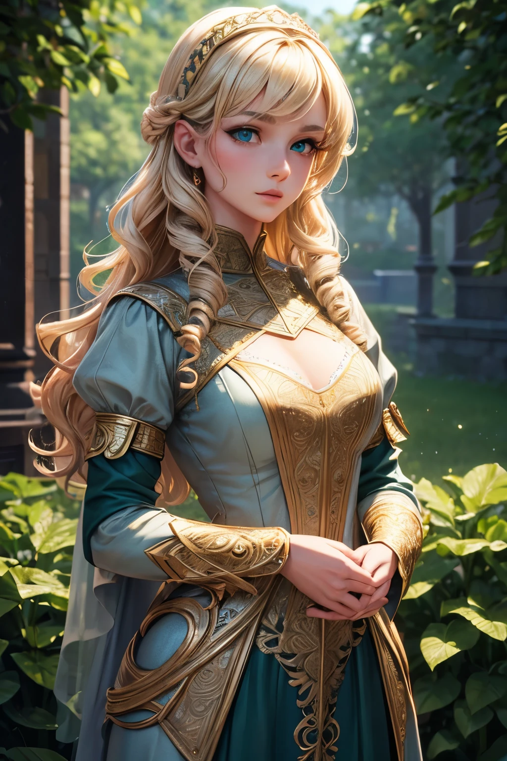 1 girl, masterpiece, best quality, 8k, Delicate skin texture, Delicate fabric texture, Beautiful and delicate face, intricate details, Super detailed, a european girl, Green eyes, Blondes have curly hair, 3d characters, Middle Century Knight